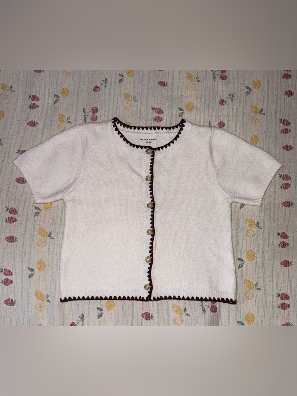 White Short-Sleeve Knit Cardigan with Brown Trim